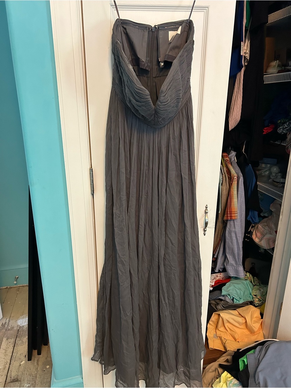 J. Crew Charcoal Strapless Ruched Chiffon Gown